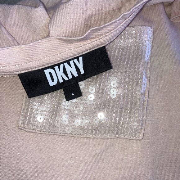 DKNY L Cotton Modal Sequin Pocket Short Sleeve Neutral Pink Beige Boxy Knit Top - Picture 4 of 5